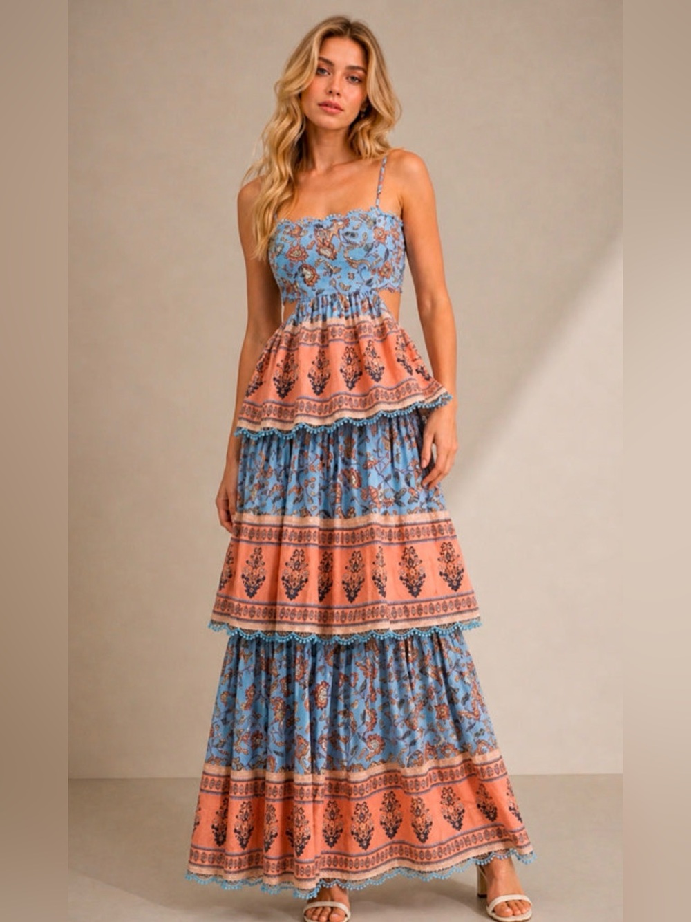Klesis Blue and Peach Boho Tiered Floral Maxi Dress size S